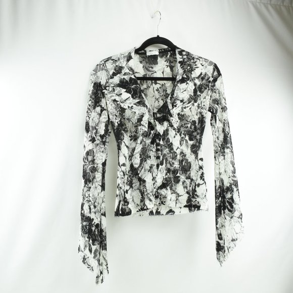 CACHE Sheer Blouse Black & White Floral Print - Picture 10 of 16